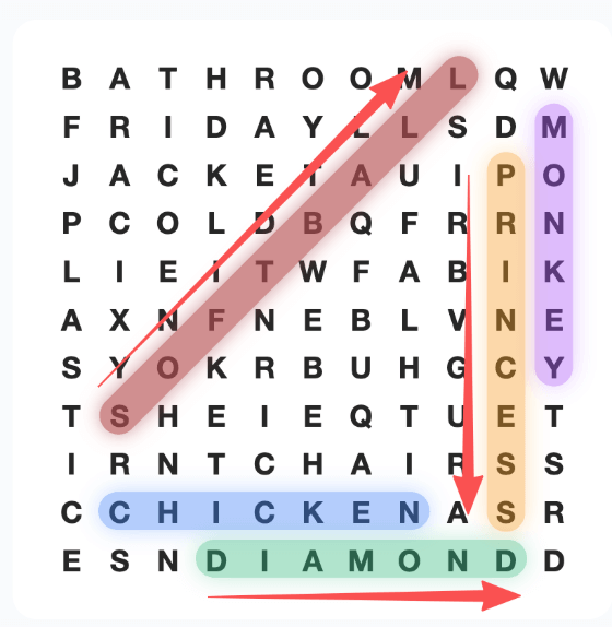 Highlighted words in different directions with arrows