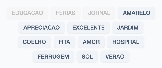 Palavra destacada na grade e riscada na lista