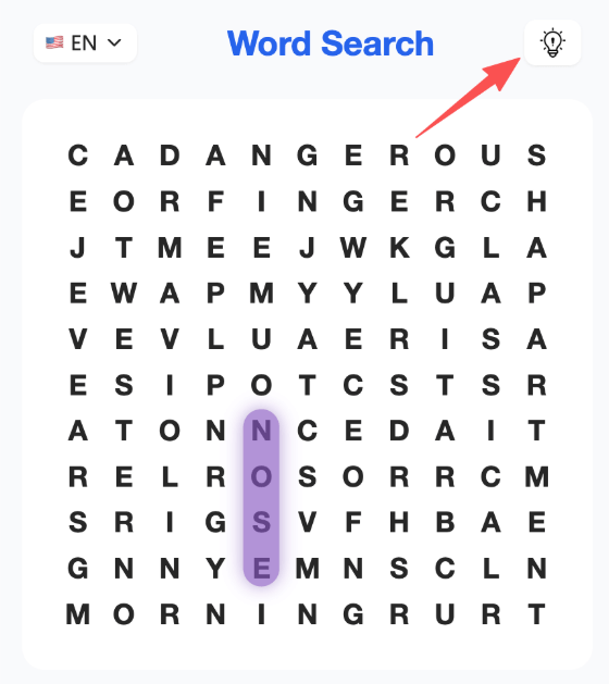 Hint button with a word revealed in the grid