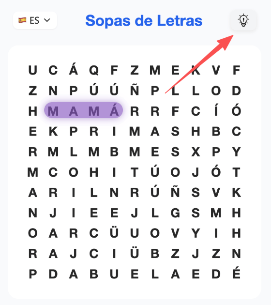 Botón de pista indicado en la esquina superior con una palabra revelada