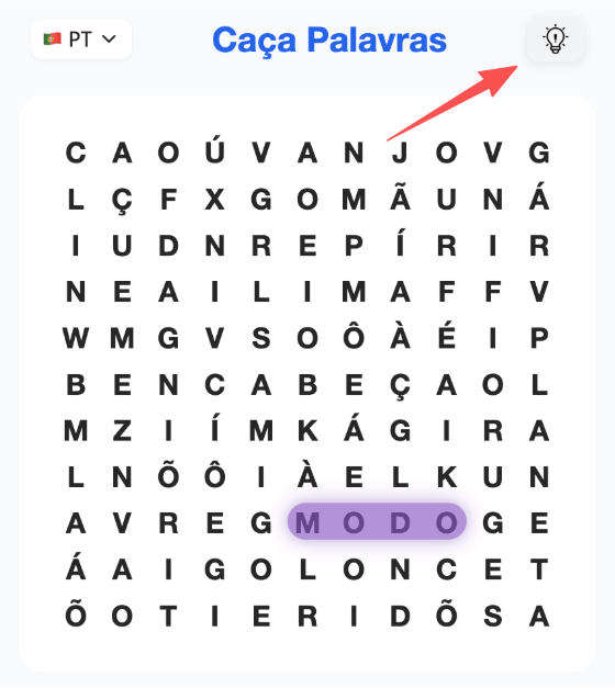 Botão de dica com uma palavra revelada na grade