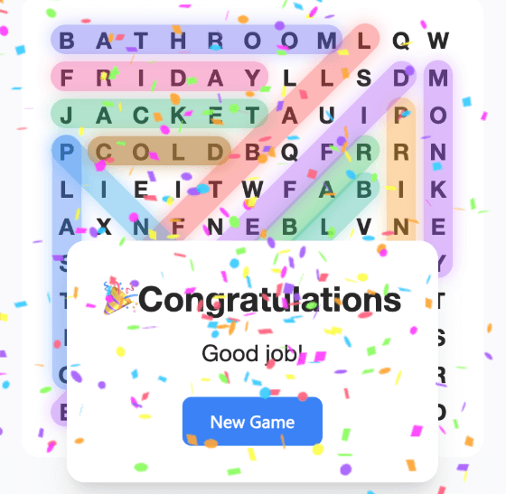 Completed puzzle with Congratulations popup
