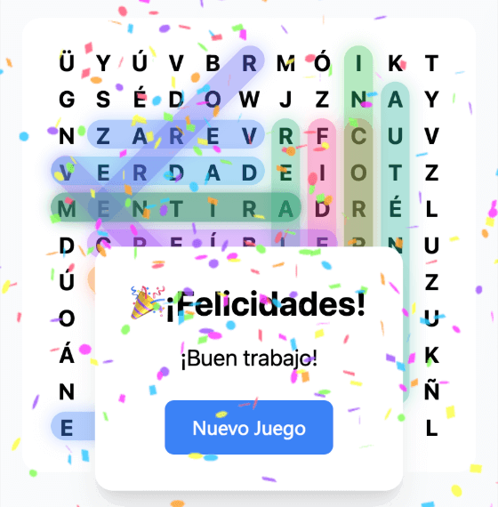 Pantalla de felicitación con confeti